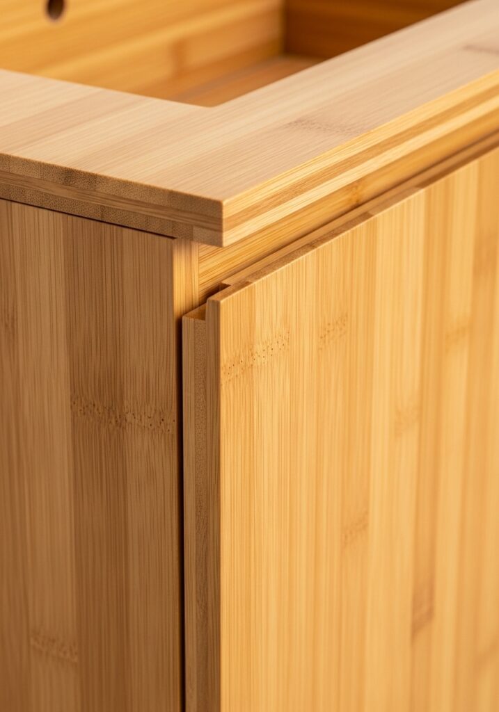 Natural bamboo bathroom vanity showing sustainable wood grain texture