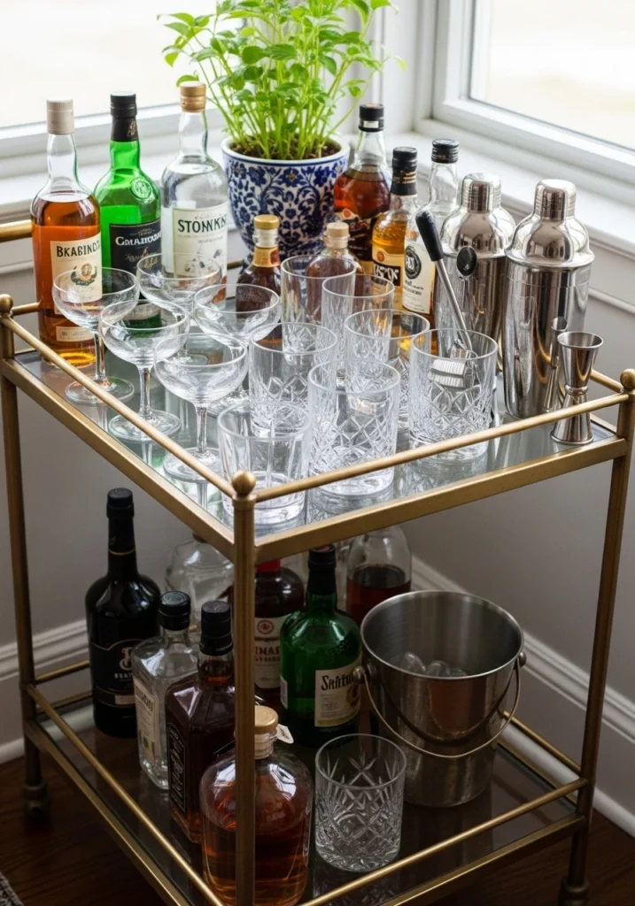Styled bar cart with glassware and bottles in living room corner