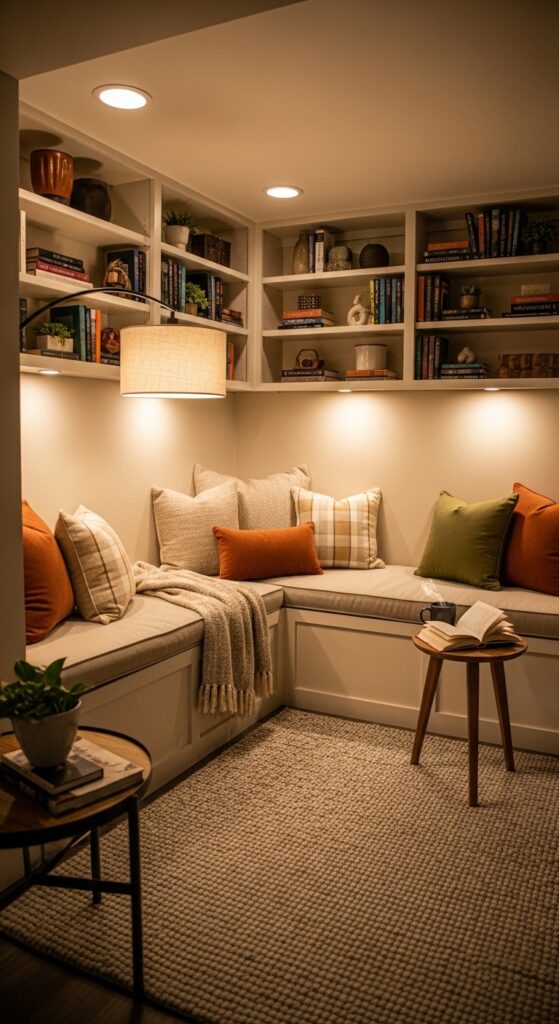 Basement corner reading nook with built-in bench seating and warm ambient lighting