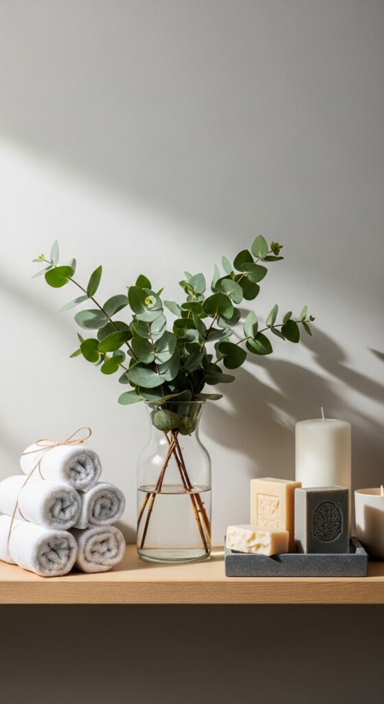 Bathroom shelves styled with spa-like elements creating serene oasis

