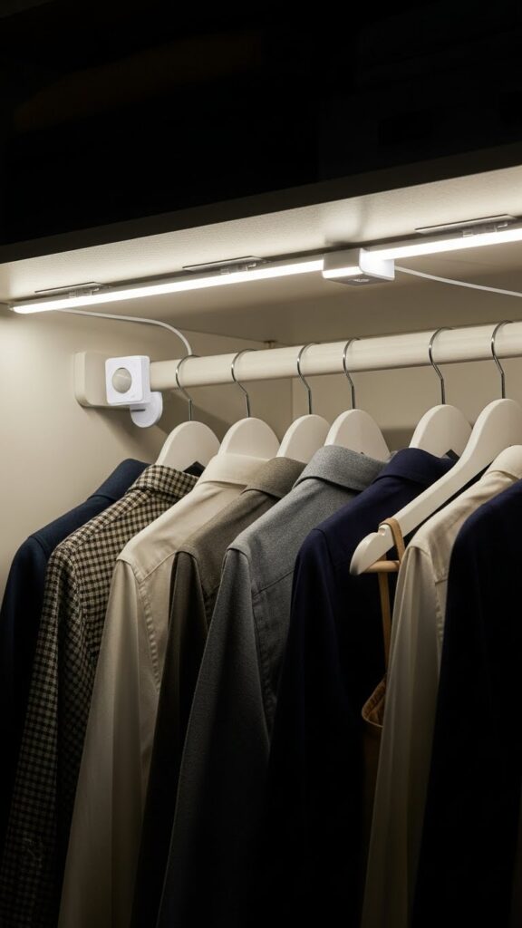 Battery-powered LED lights in apartment closet providing illumination without electrical work or wiring