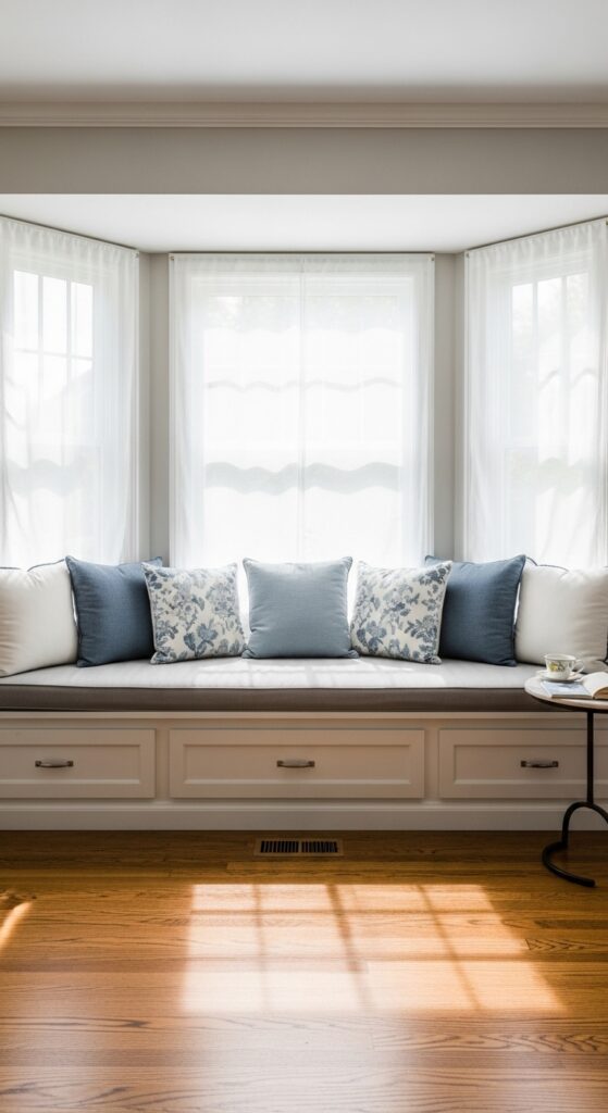  Bay window reading nook with cushioned bench, multiple throw pillows, and natural light