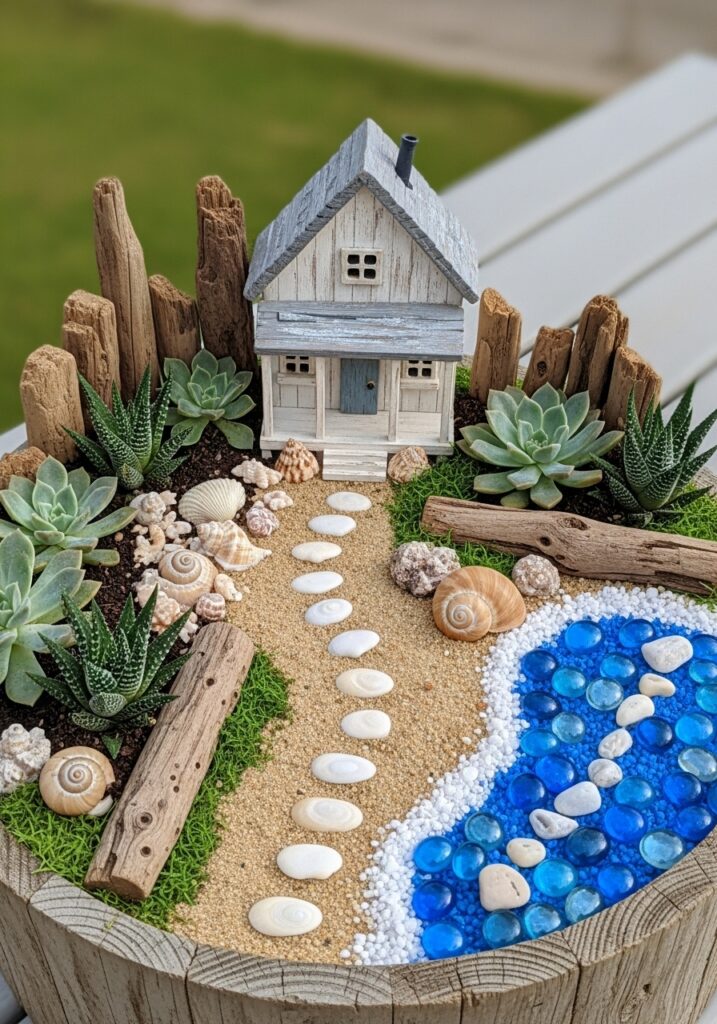 Coastal fairy garden with beach house and seashell decorations
