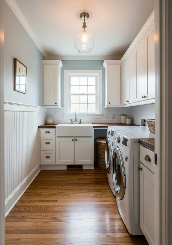 White beadboard wainscoting in cottage style laundry room