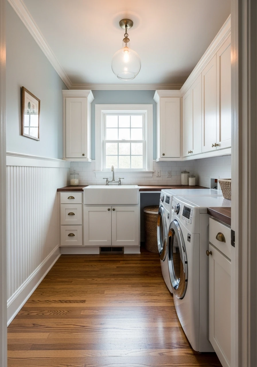 White beadboard wainscoting in cottage style laundry room
