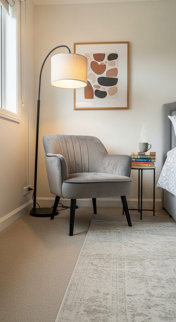 Cozy bedroom reading corner with velvet armchair, arched floor lamp, and side table
