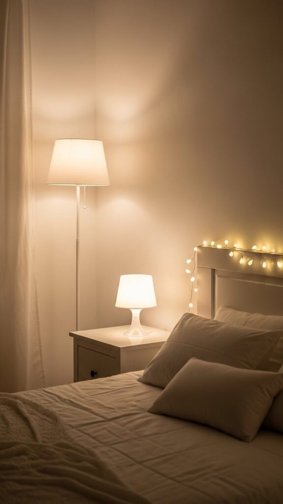 Bedroom with three lighting layers at different heights including lamps and string lights creating ambiance