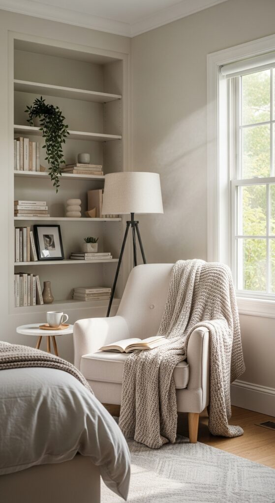  Cozy bedroom reading nook with upholstered chair, floor lamp, and built-in bookshelf