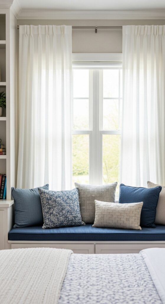 Bedroom window reading nook with cushioned bench and privacy curtains for cozy enclosed feeling