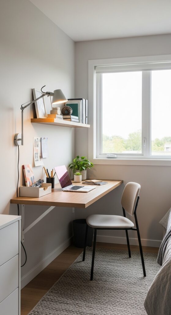 Bedroom corner workspace with wall-mounted desk, task lighting, and organized supplies