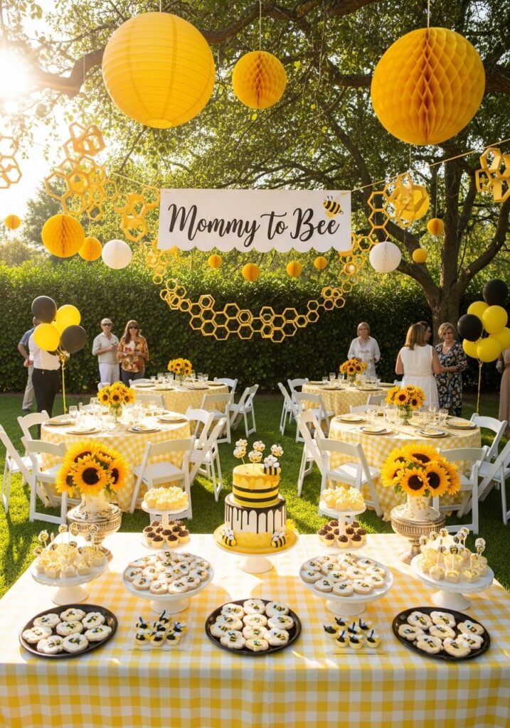 Bee baby shower with yellow and black honeycomb decorations and garden setup