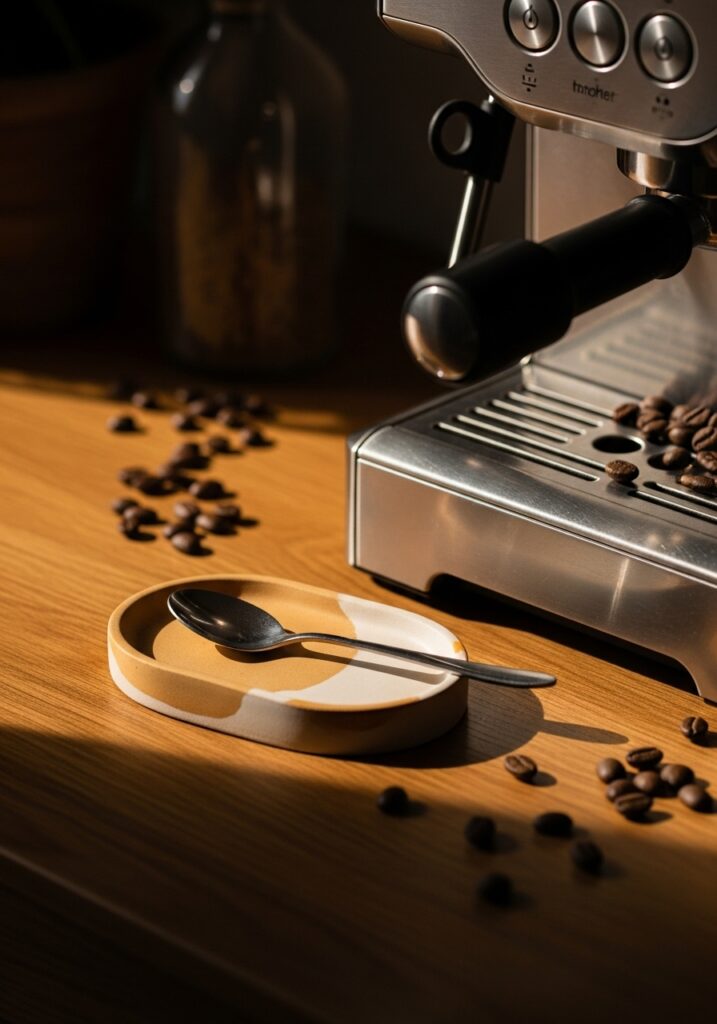Small handmade beige air dry clay spoon rest on coffee station with espresso machine