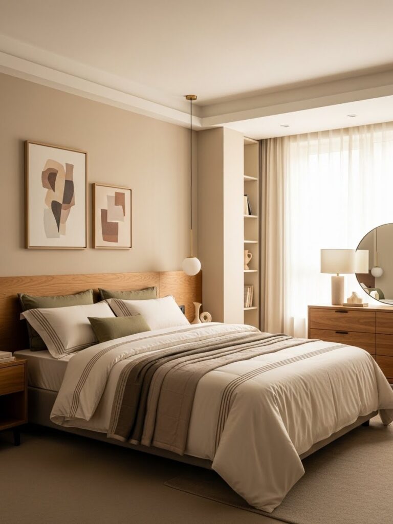 Beige and cream neutral bedroom color palette with warm modern decor