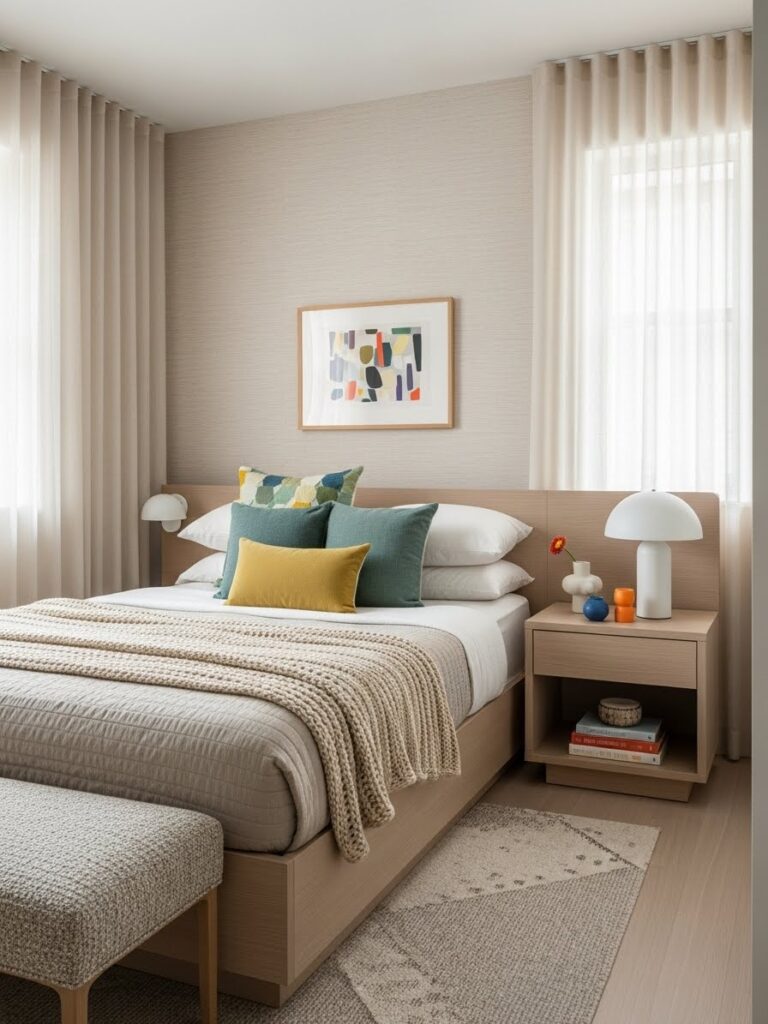 Beige and cream modern bedroom palette designed for small rooms