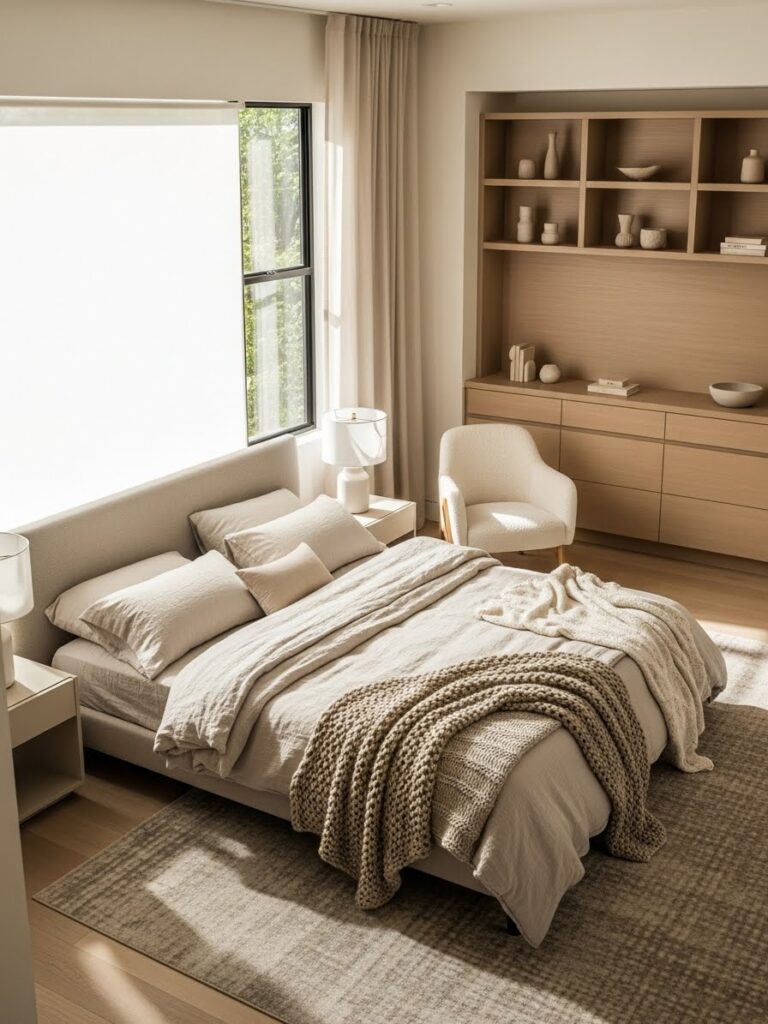 Elegant beige and cream modern bedroom color palette with soft neutral styling
