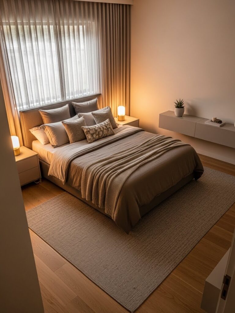 Modern bedroom with beige and mocha tones creating a warm color palette