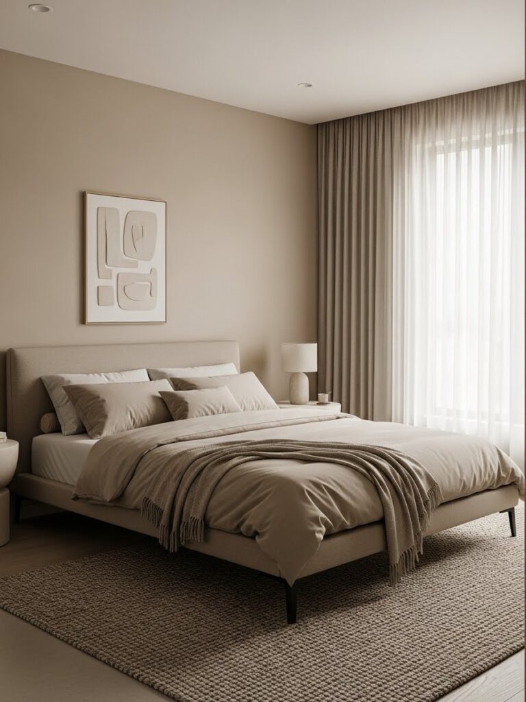 Minimal modern bedroom with sand and beige color palette