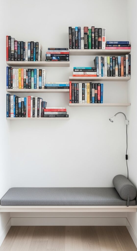 Minimalist reading bench with wall-mounted floating bookshelves in asymmetric arrangement