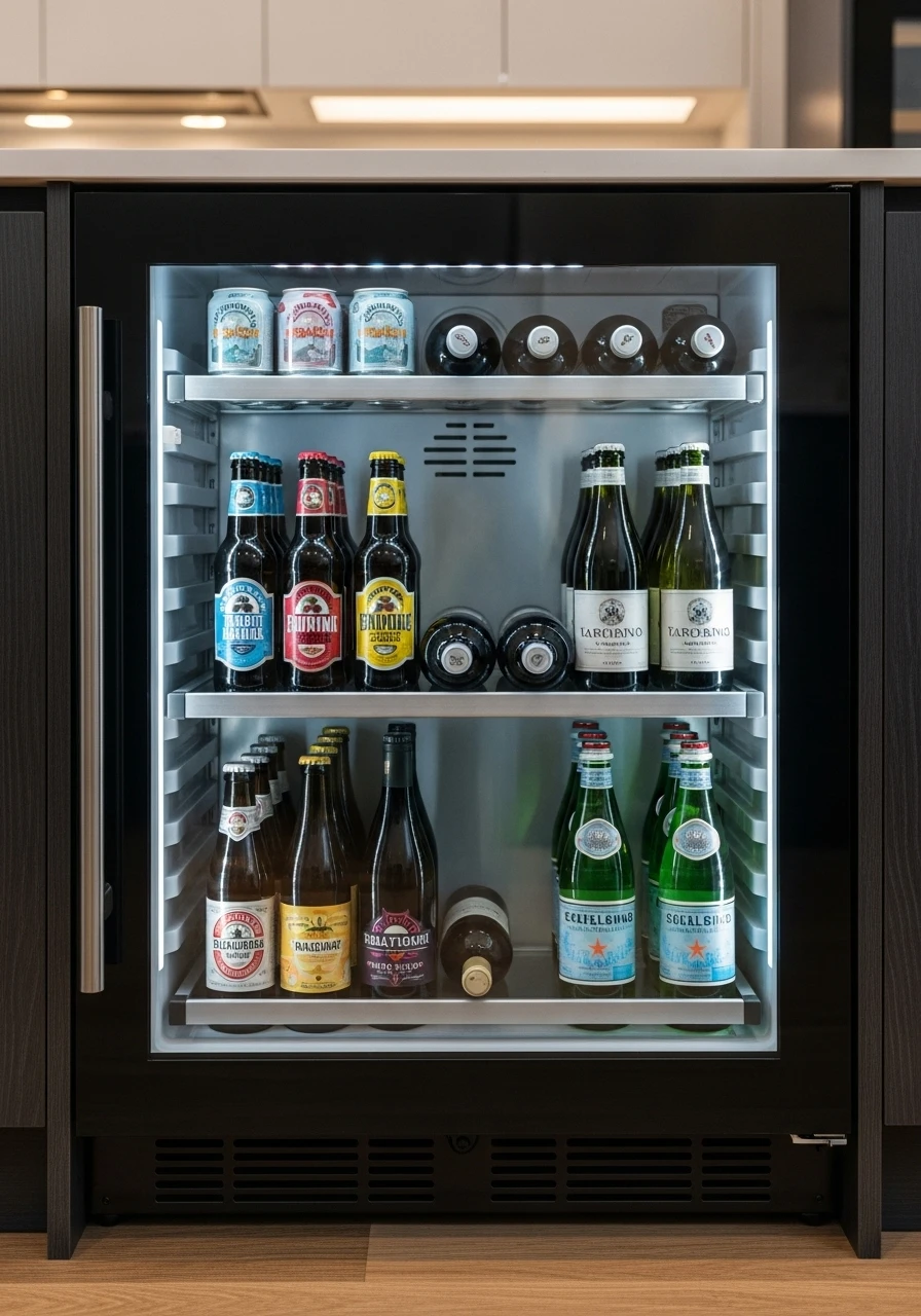 Built-in beverage refrigerator with glass front integrated into kitchen cabinets