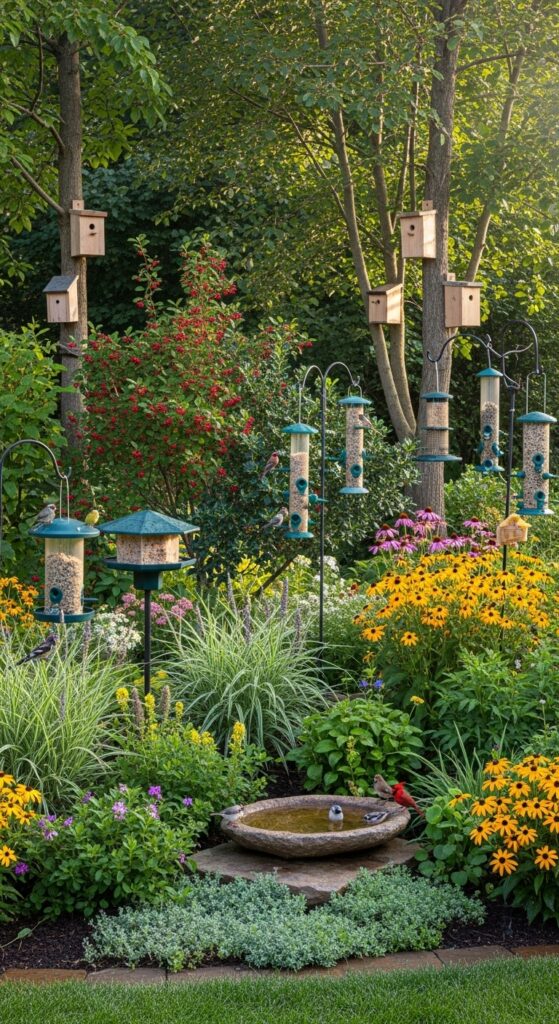 Bird-friendly habitat garden with feeders, bath, berry shrubs, and nesting boxes
