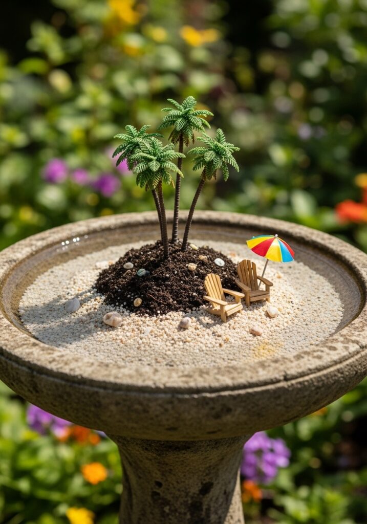 Birdbath fairy garden designed as miniature tropical island