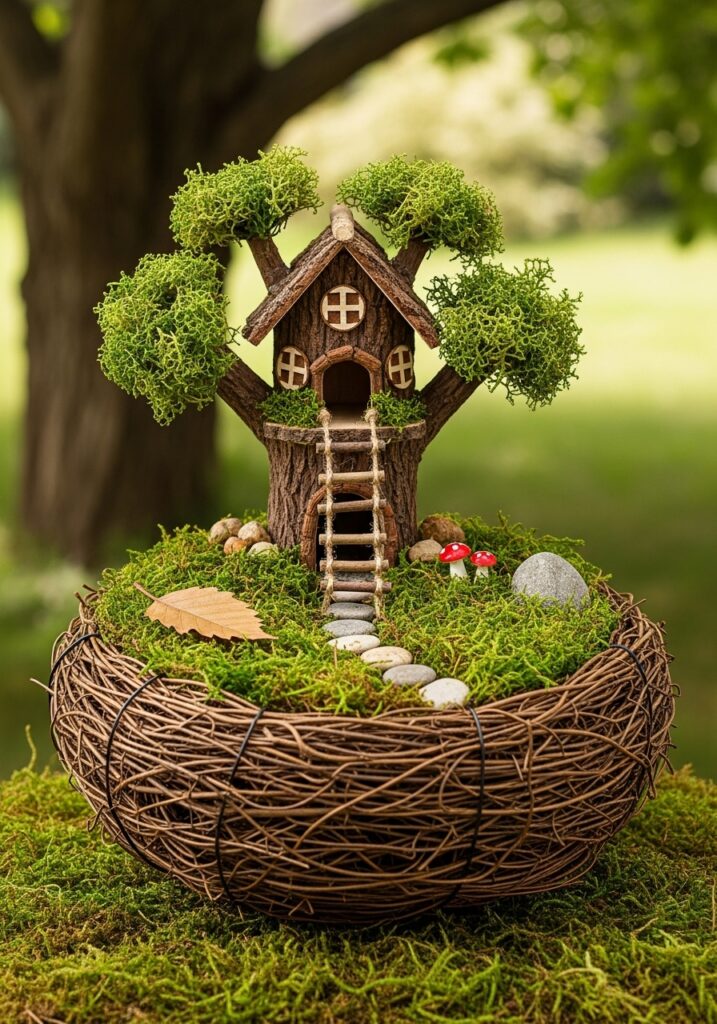  Bird nest fairy garden with miniature treehouse made from twigs