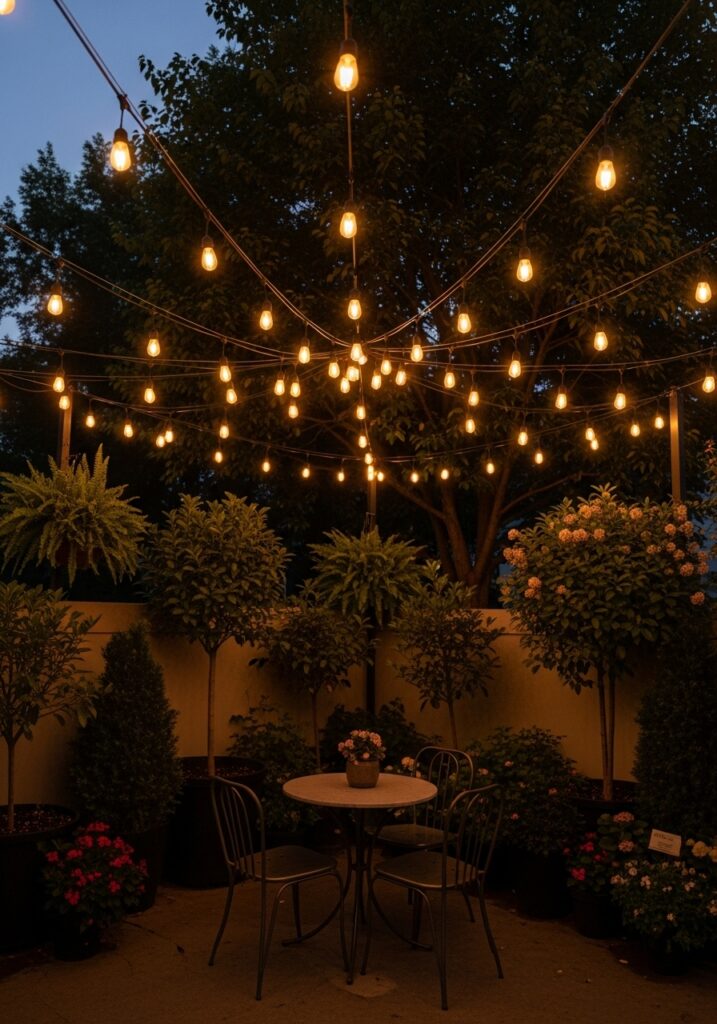 Cafe-style string lights creating warm canopy over outdoor bistro dining area at twilight