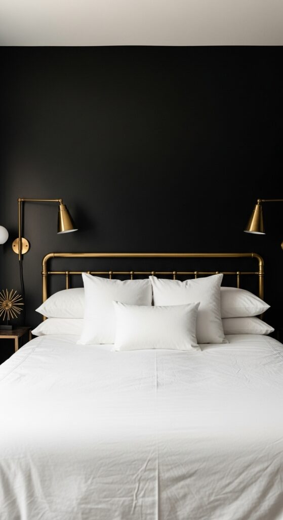 Bedroom with matte black accent wall creating dramatic backdrop for white bedding