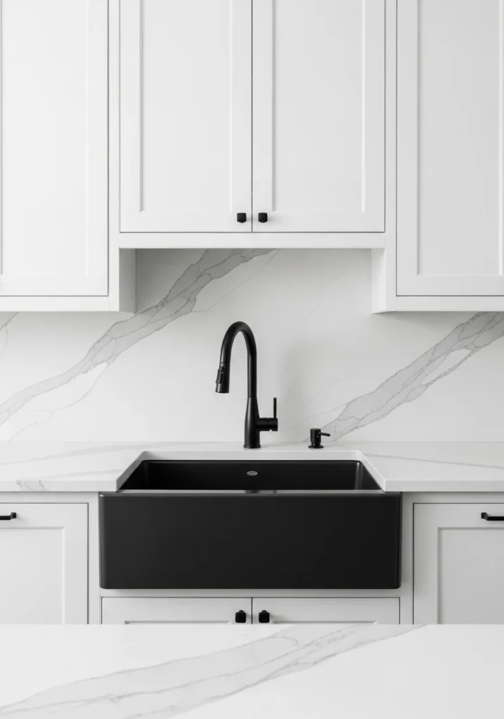 Black fireclay farmhouse sink with modern faucet in white kitchen