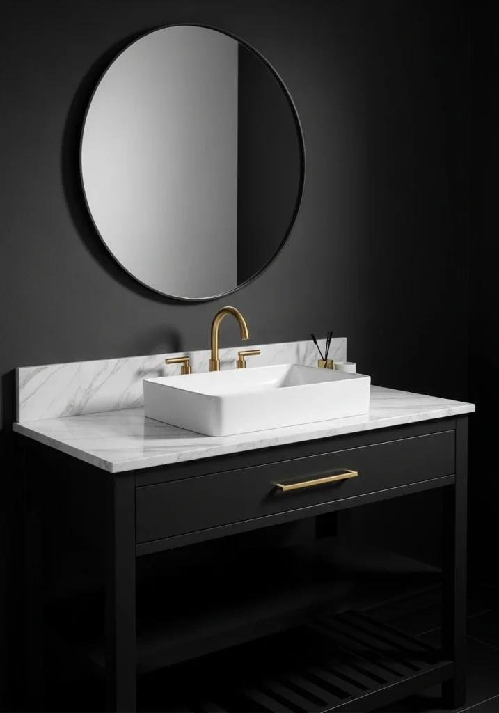: Matte black bathroom vanity with white marble top and gold hardware creating drama
