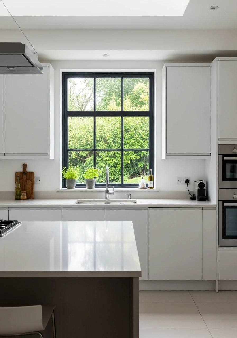 Kitchen with dramatic black window frames above sink and white cabinetry