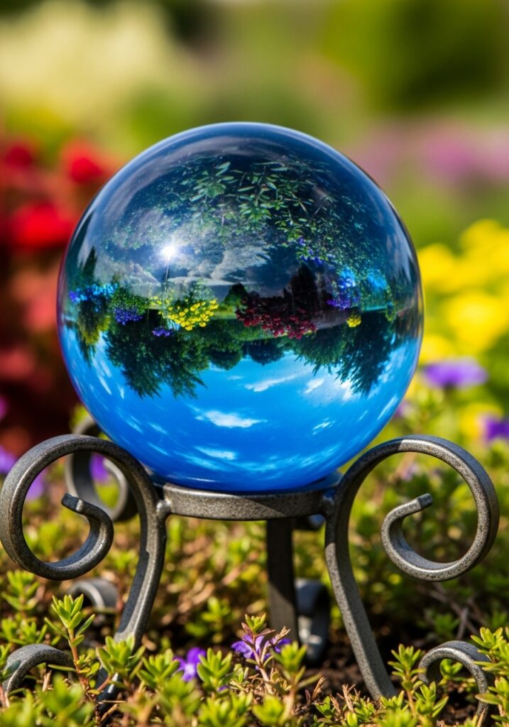  Reflective blue glass gazing ball on decorative metal stand reflecting colorful garden surroundings