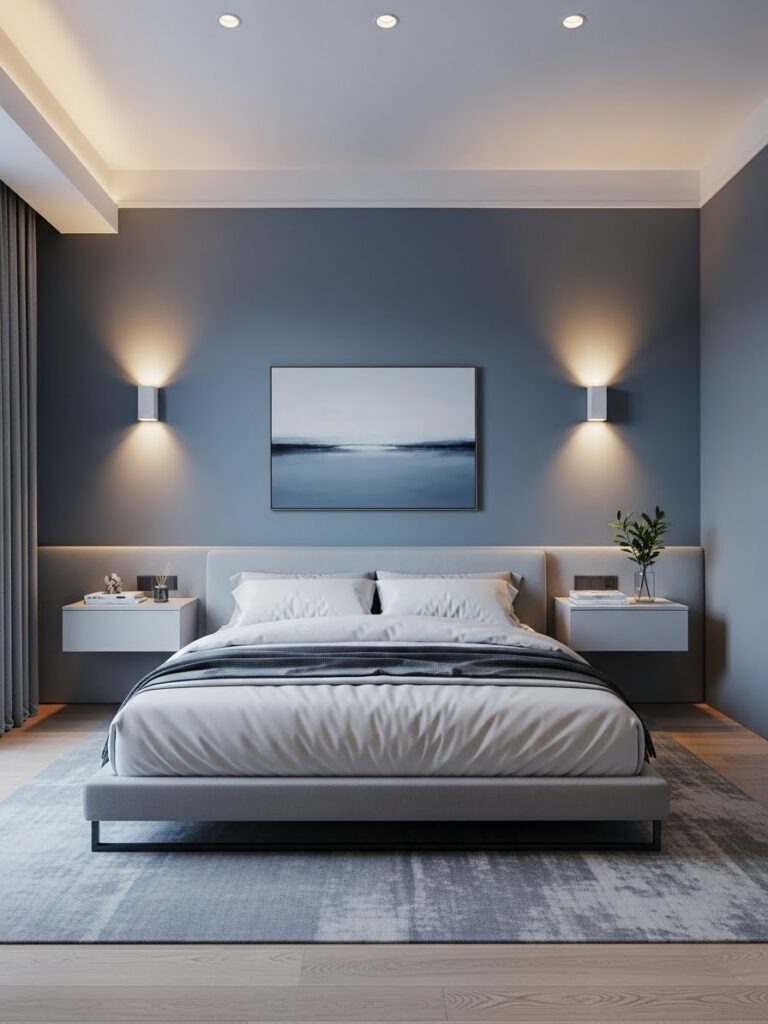Refined modern bedroom with blue-gray and neutral color palette