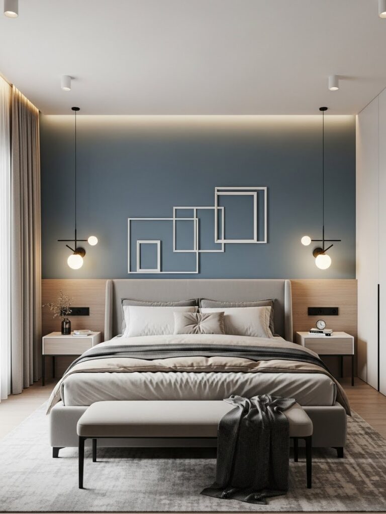Blue-gray modern bedroom color palette with a calm and elegant full room view
