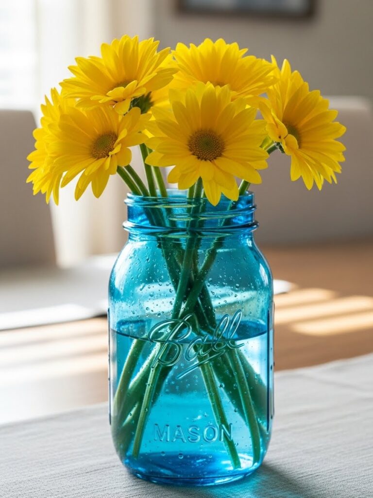 Close-up of a blue mason jar vase with yellow daisies for colorful spring home decor