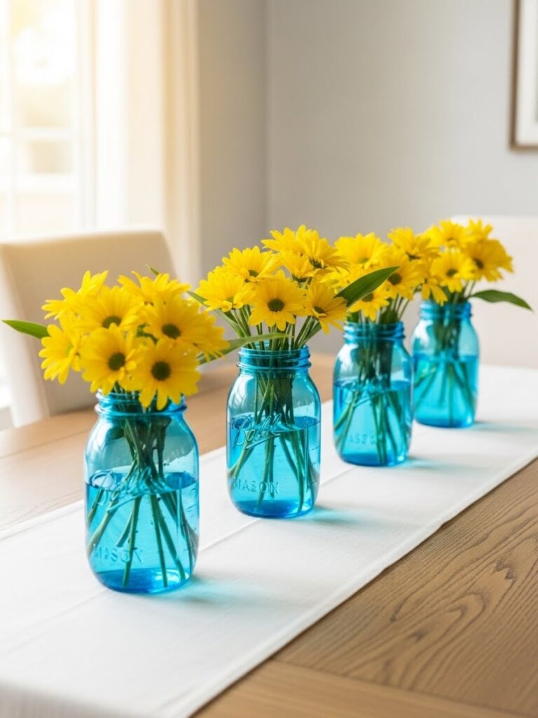 Blue mason jar vases filled with yellow daisies creating cheerful spring dining table decor indoors