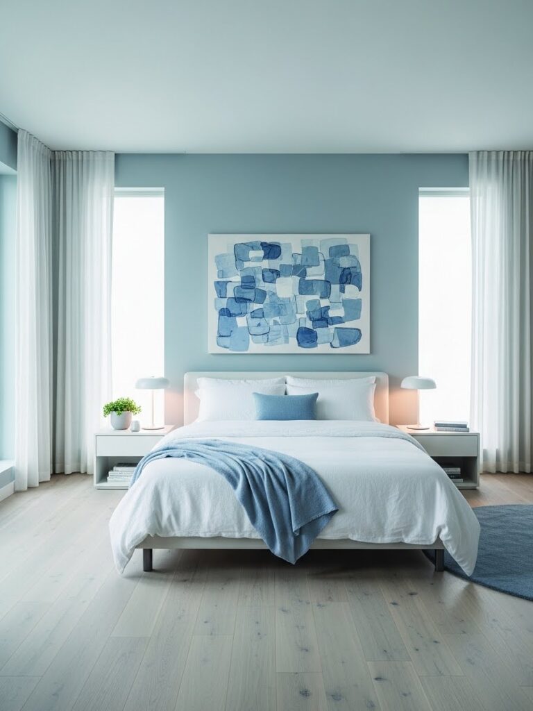 Calm modern bedroom with soft blue and white color palette