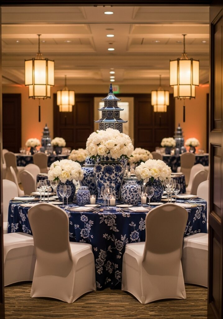 Blue and white chinoiserie baby shower with porcelain decorations and elegant setup