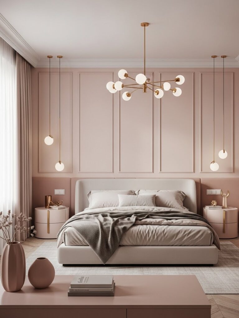 Modern aesthetic bedroom with blush pink and neutral color palette