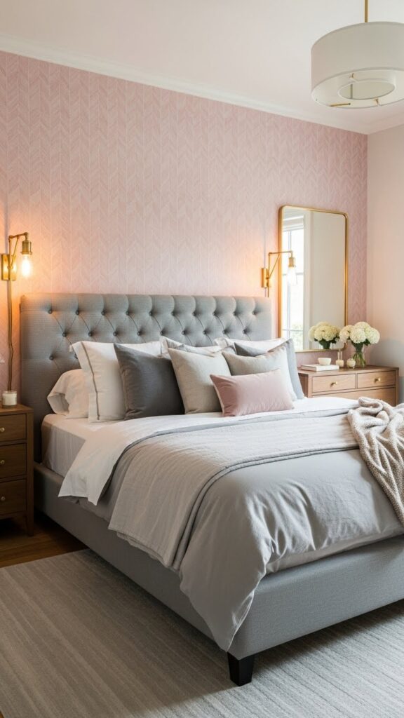 Blush pink herringbone texture wallpaper pattern in refined transitional bedroom