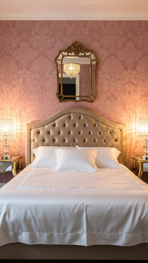 Blush pink silk damask wallpaper with baroque pattern in luxurious elegant bedroom

