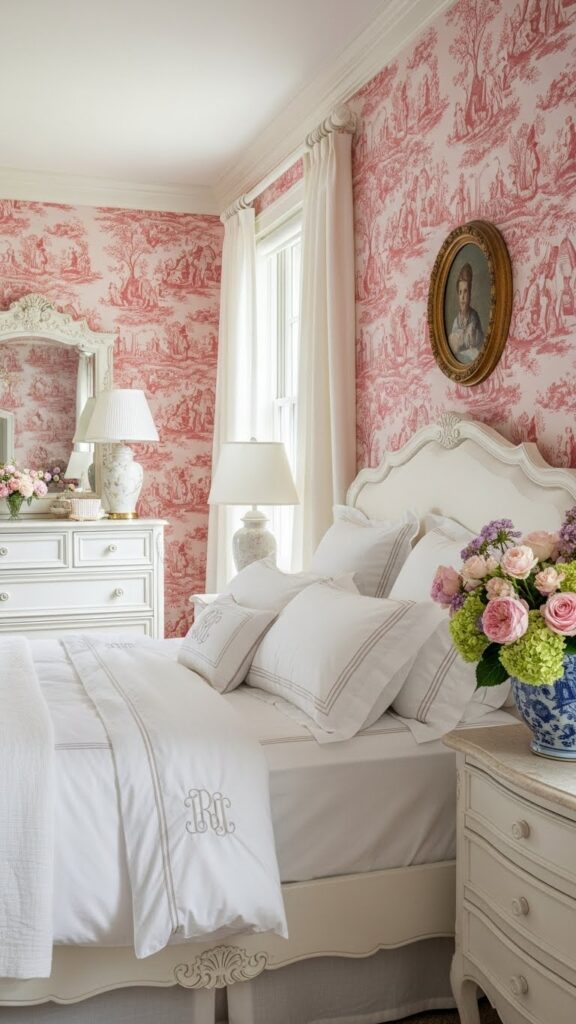 Blush pink toile wallpaper with French pastoral scenes in traditional elegant bedroom