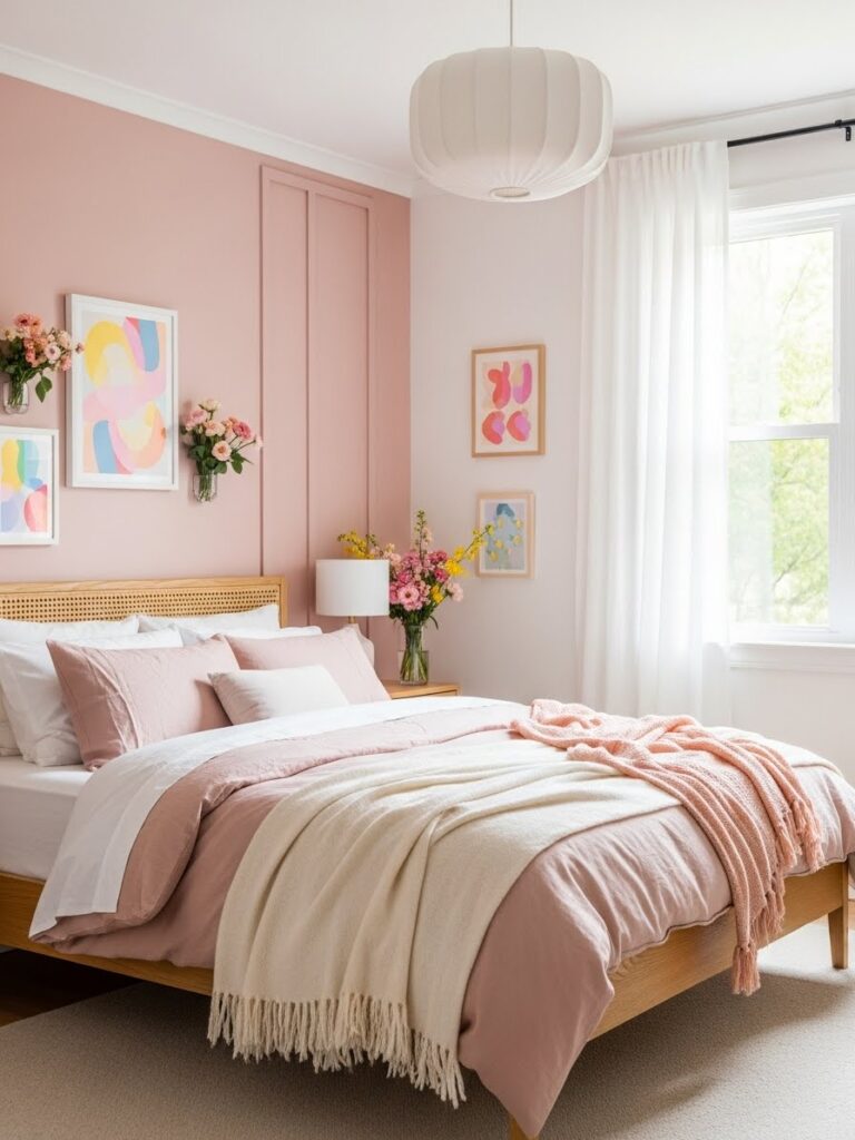 Blush pink and warm white soft aesthetic bedroom with cozy modern decor and natural light