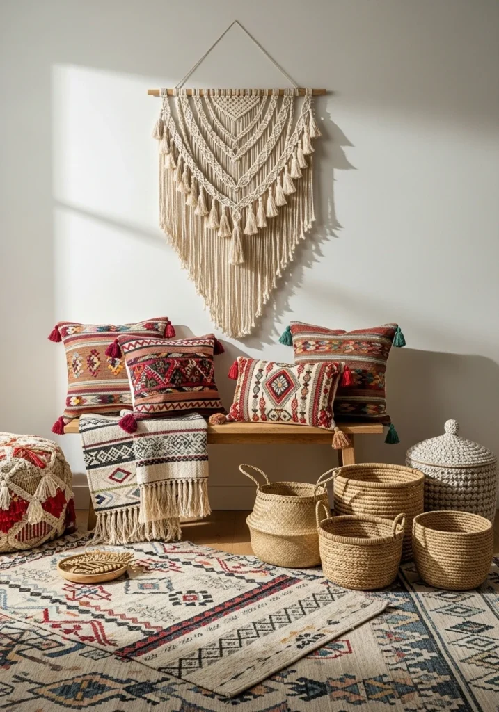 Bohemian style entryway with layered textiles and patterns