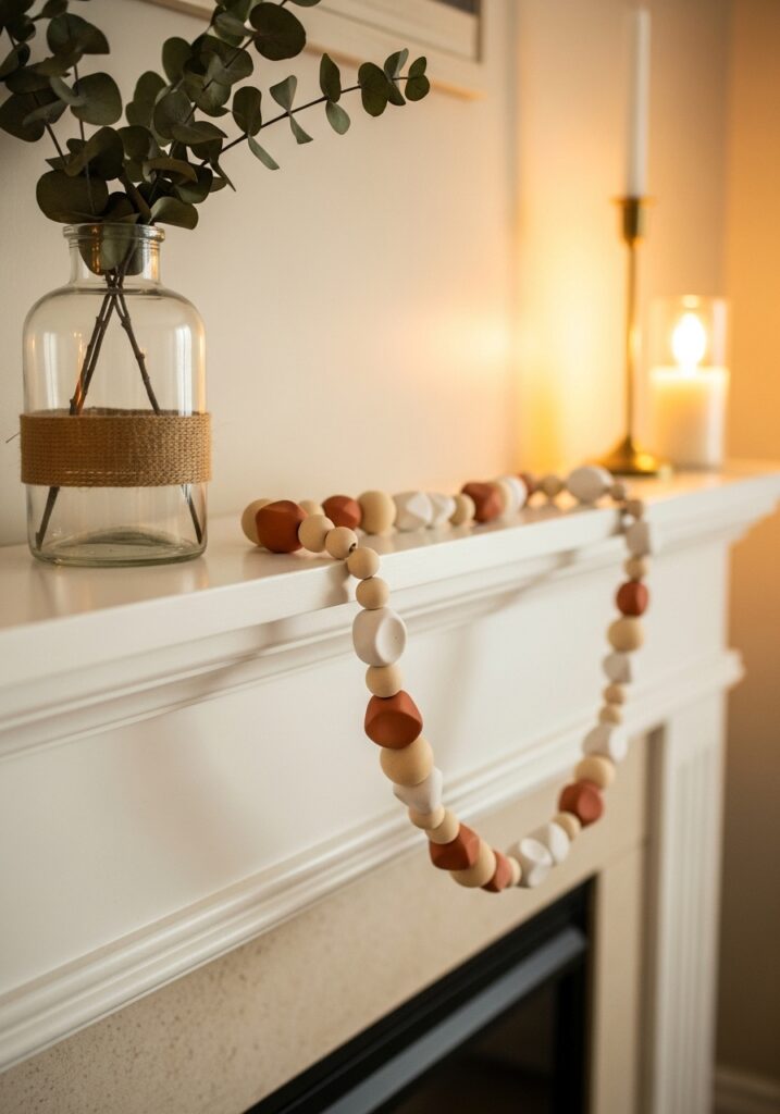 Boho style garland with handmade air dry clay beads and natural wood beads on mantel