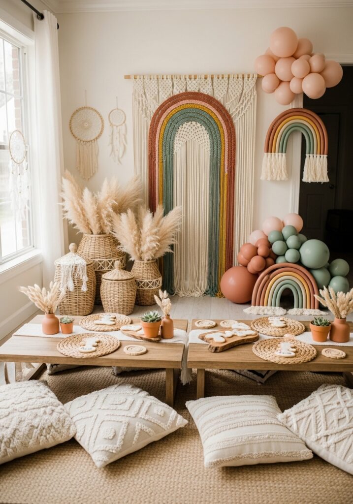  Boho rainbow baby shower with macrame backdrop and natural fiber decorations