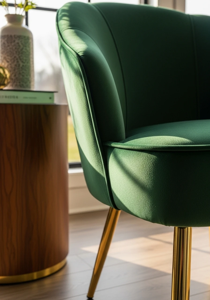 Emerald green velvet accent chair as living room statement piece