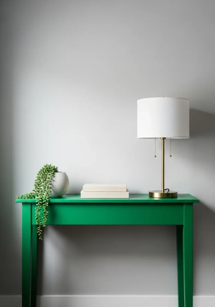 Bold emerald green console table in neutral entryway