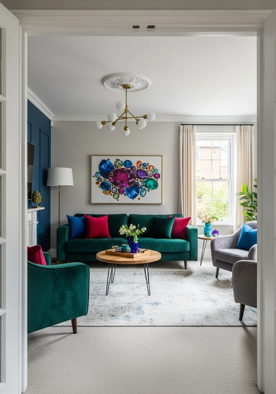 Bold living room design with jewel tone colors and vibrant accents