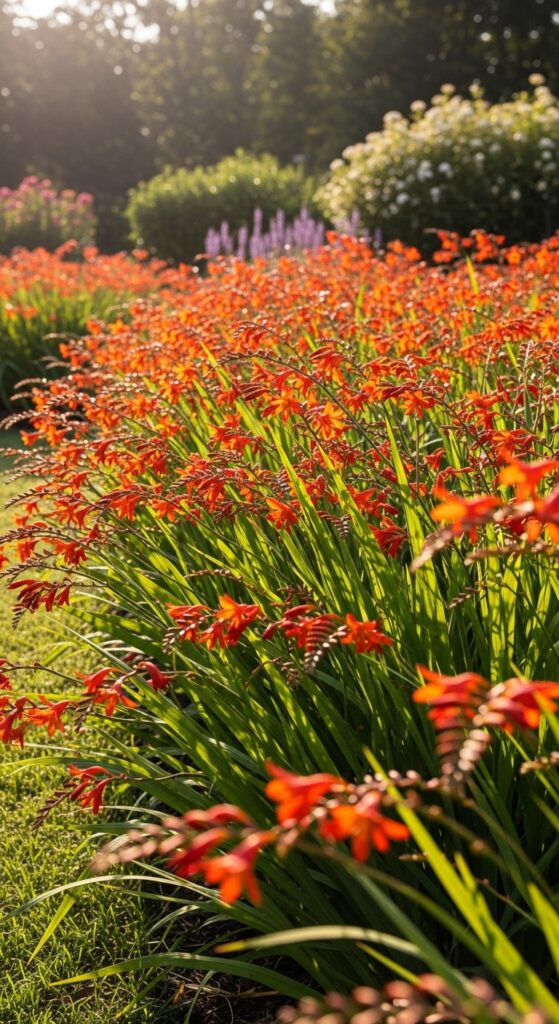 Crocosmia with arching stems of orange-red flowers and sword-like foliage creating summer display
